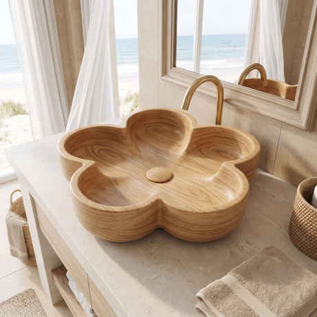 Petalara Handcrafted Solid Wood Flower Vessel Sink Natural Oak - Timberustic Vessel Sinks