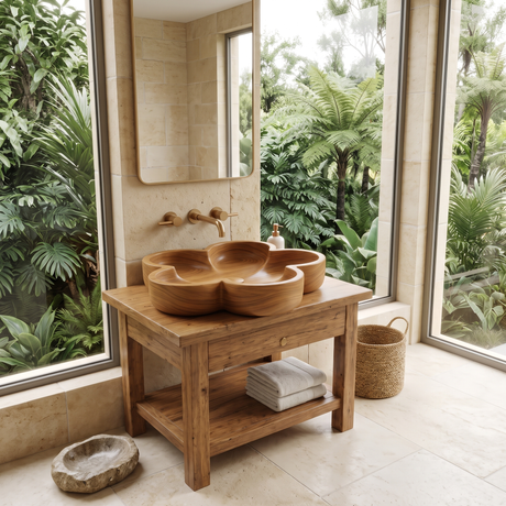 Petalara Handcrafted Solid Wood Flower Vessel Sink Teak - Timberustic Vessel Sinks