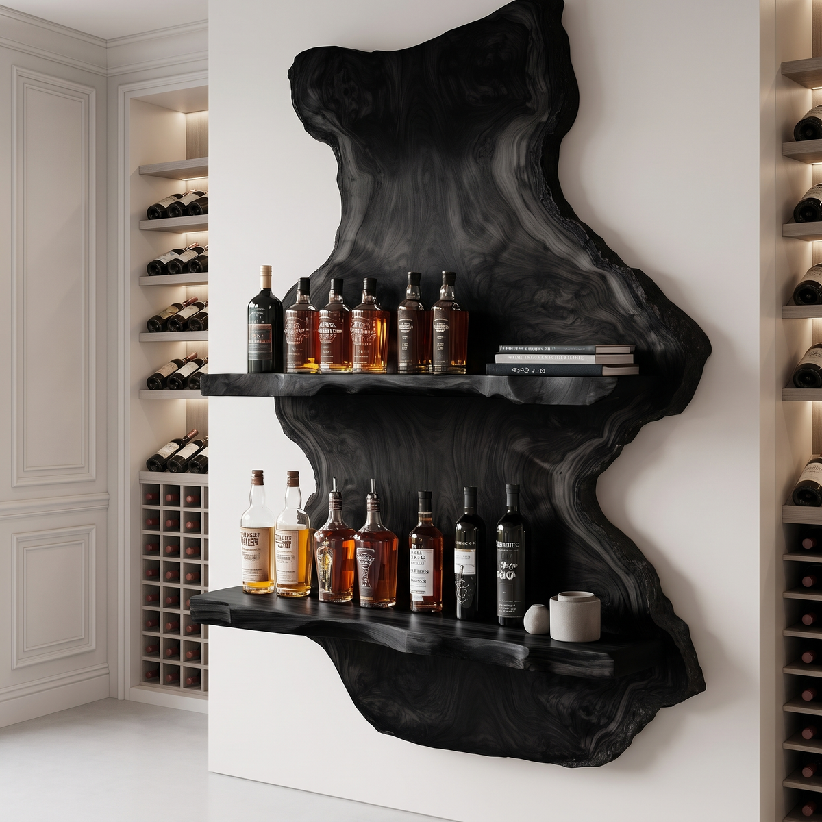 Ravello Live Edge Solid Wood Floating Wine Shelf Black - Timberustic Floating Wine Shelf