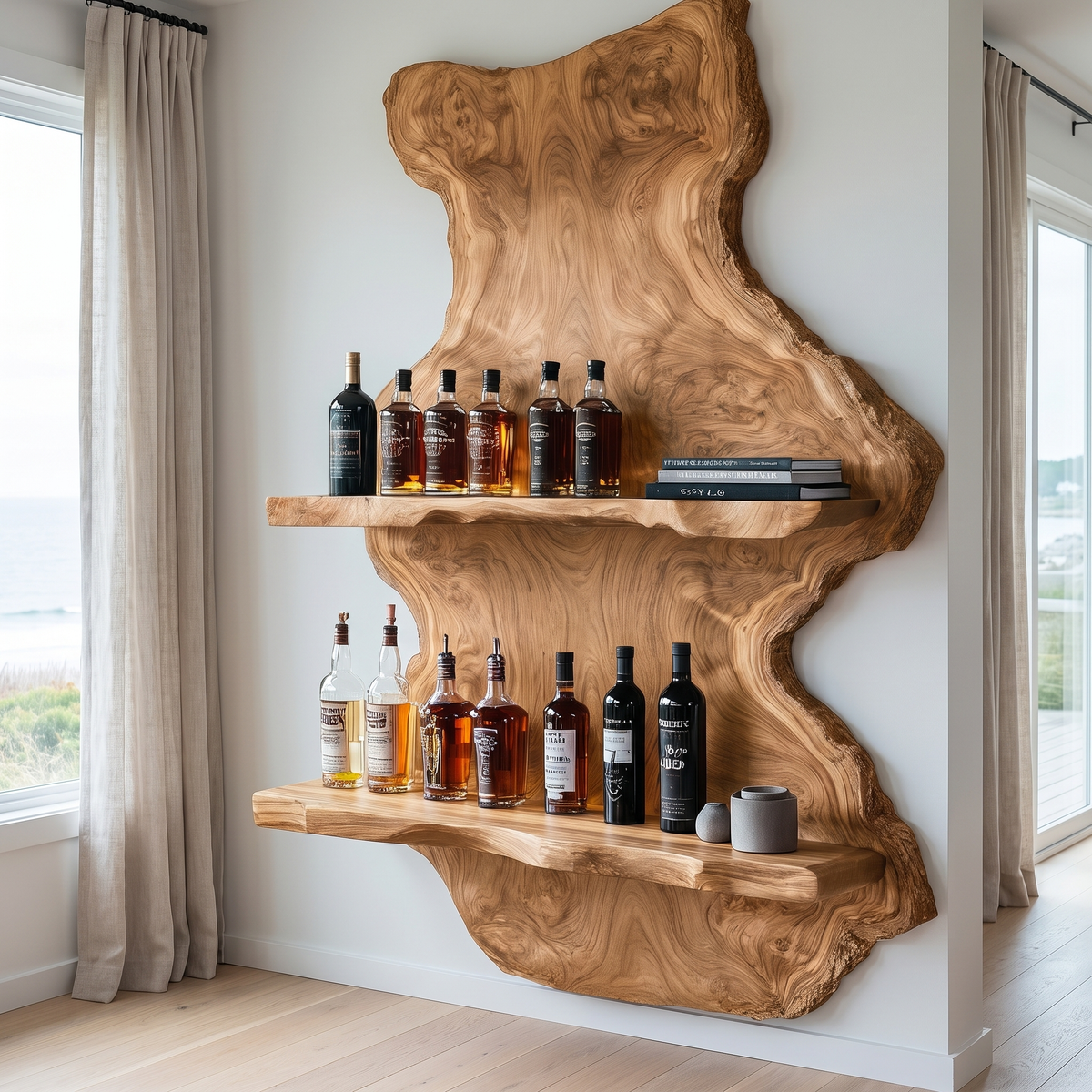 Ravello Live Edge Solid Wood Floating Wine Shelf Natural Oak - Timberustic Floating Wine Shelf