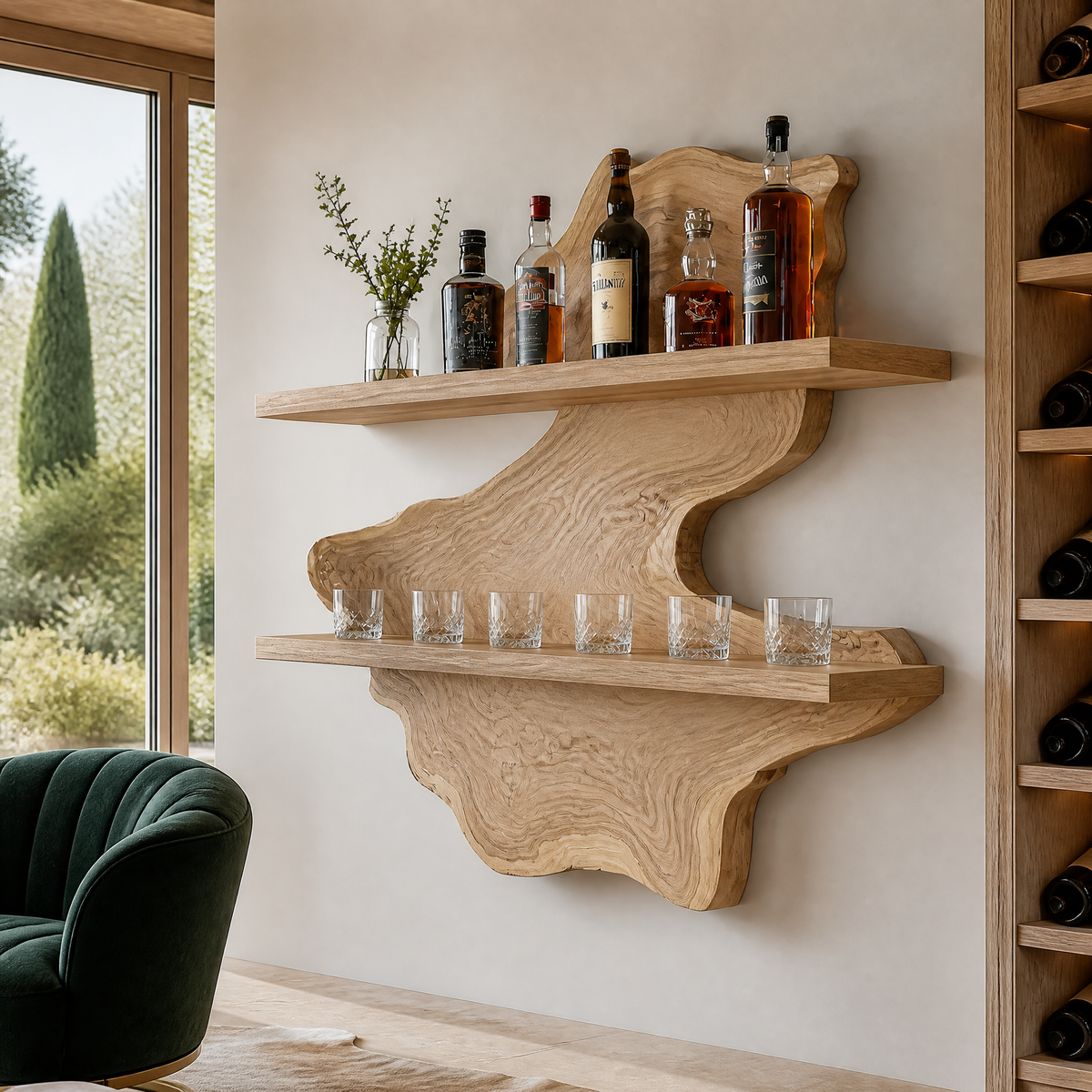 Ravencrest Live Edge Handcrafted Floating Wine Shelf SPA058902 Natural Oak - Timberustic Floating Wine Shelf