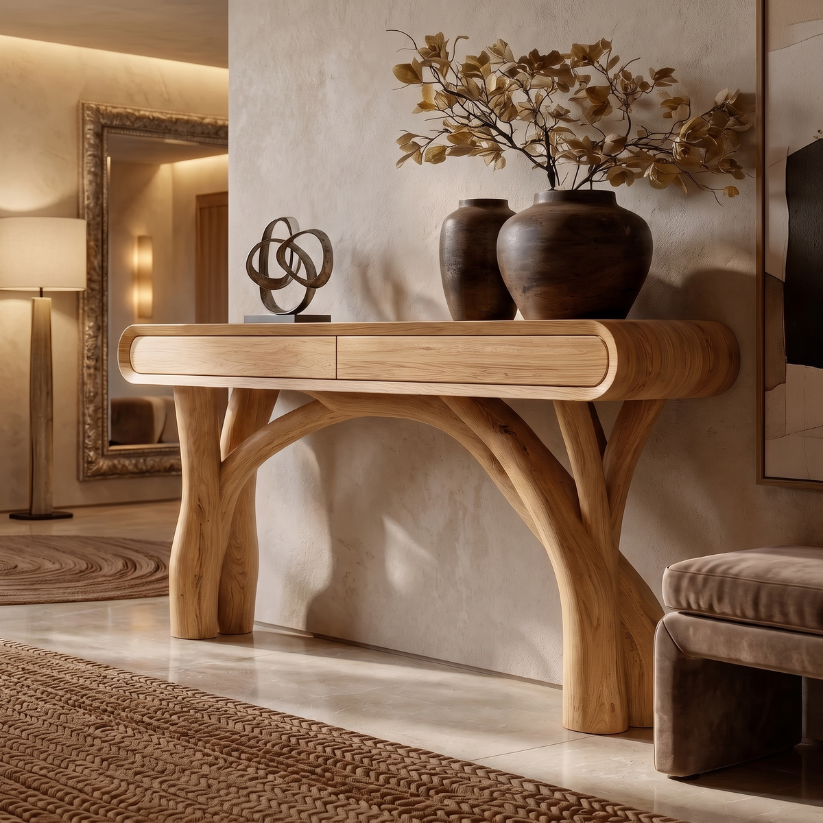 Serathiel Sculpted Solid Wood Console Table Natural Oak - Timberustic Console Table