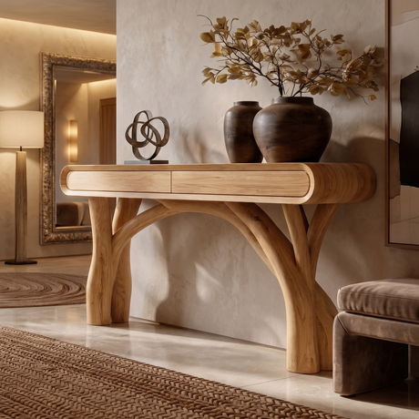 Serathiel Sculpted Solid Wood Console Table Natural Oak - Timberustic Console Table