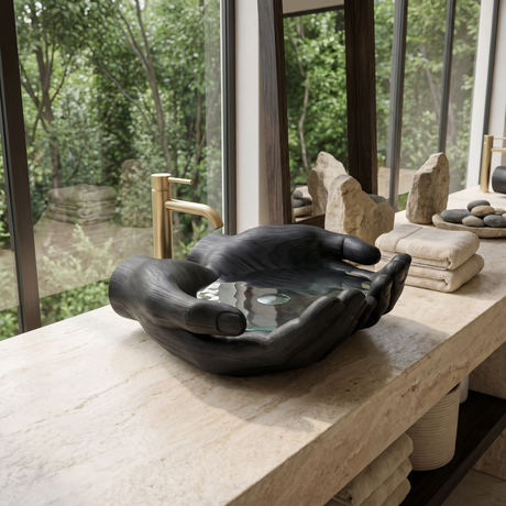 Solvara Handcrafted Solid Wood Hands-Shaped Vessel Sink Black - Timberustic Vessel Sinks