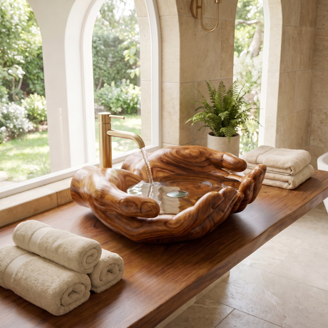 Solvara Handcrafted Solid Wood Hands-Shaped Vessel Sink Brown - Timberustic Vessel Sinks