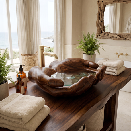Solvara Handcrafted Solid Wood Hands-Shaped Vessel Sink Dark Walnut - Timberustic Vessel Sinks