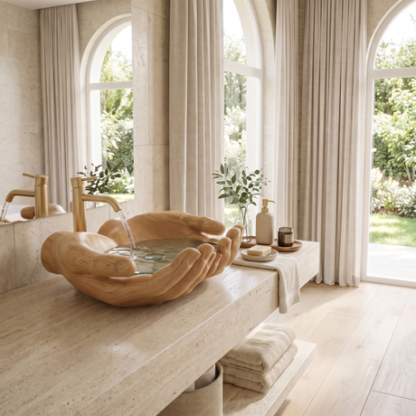 Solvara Handcrafted Solid Wood Hands-Shaped Vessel Sink Natural Oak - Timberustic Vessel Sinks