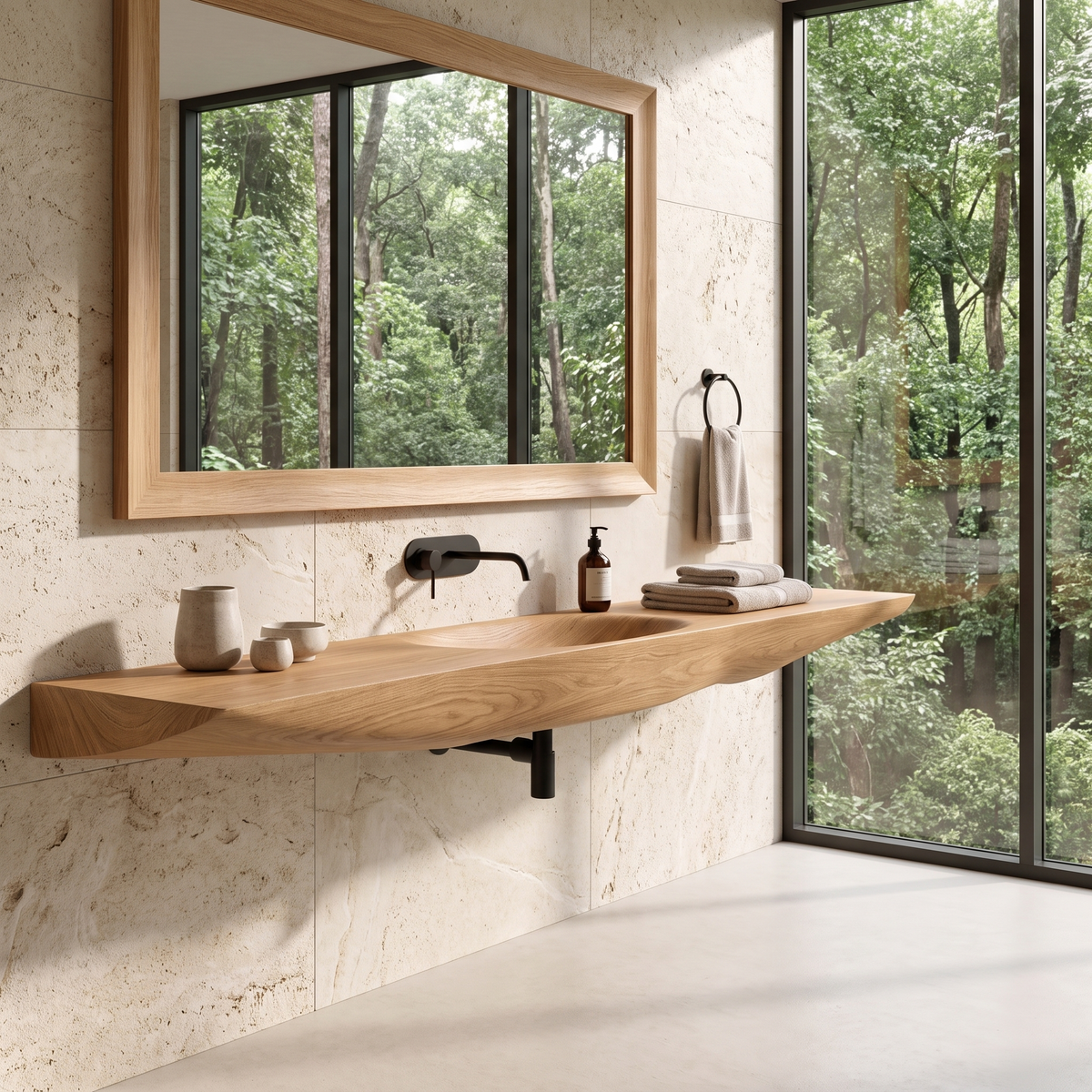 Sylavyn Sculpted Slab Handcrafted Floating Bathroom Vanity with Integrated Sink Natural Oak - Timberustic Floating Bathroom Vanity with Integrated Sink