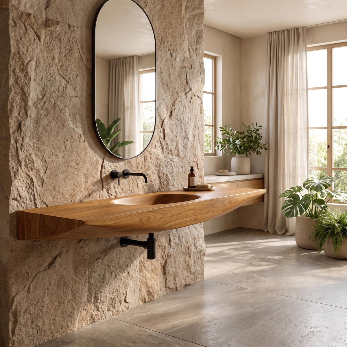 Sylavyn Sculpted Slab Handcrafted Floating Bathroom Vanity with Integrated Sink Teak - Timberustic Floating Bathroom Vanity with Integrated Sink