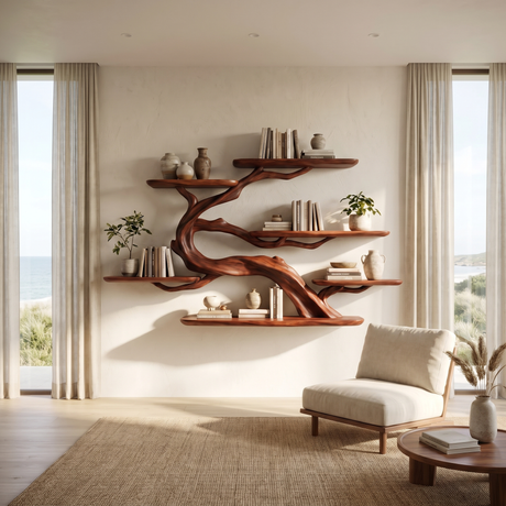 Sylvara Handcrafted Solid Wood Floating Tree Bookshelf Mahogany - Timberustic Floating Tree Bookshelf