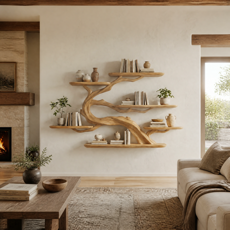 Sylvara Handcrafted Solid Wood Floating Tree Bookshelf Natural Oak - Timberustic Floating Tree Bookshelf
