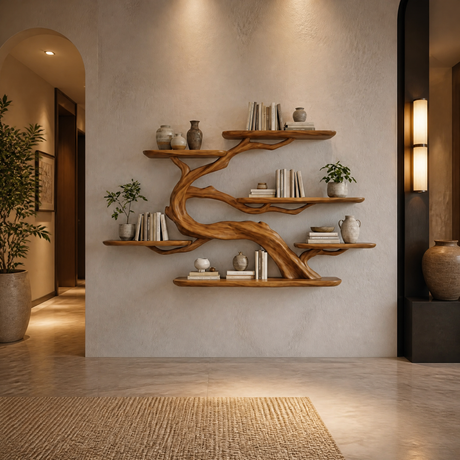 Sylvara Handcrafted Solid Wood Floating Tree Bookshelf Teak - Timberustic Floating Tree Bookshelf