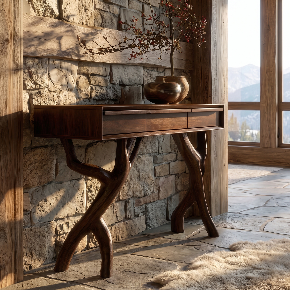 Sylvaric Sculpted Solid Wood Console Table Dark Walnut - Timberustic Console Table