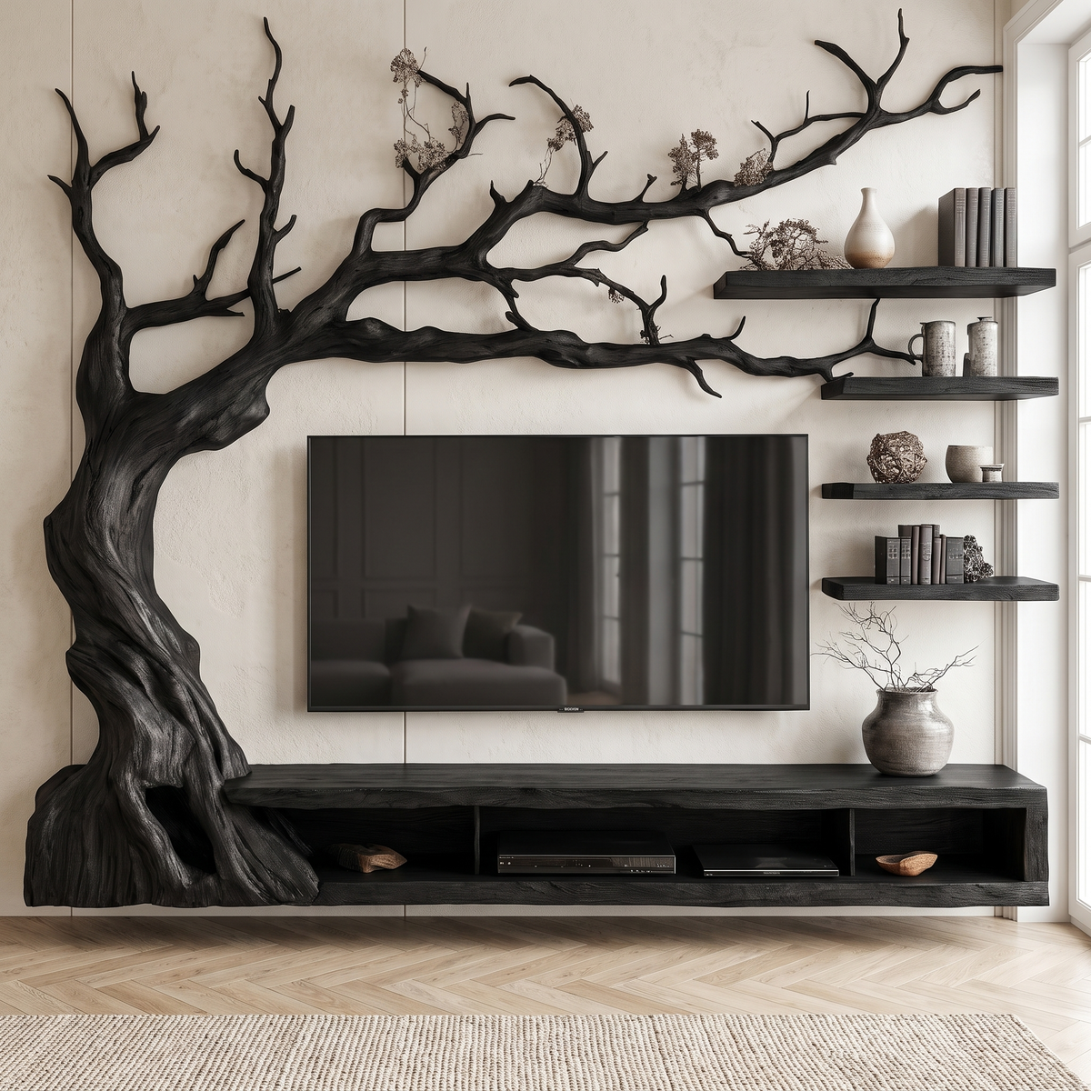 Sylvaris Handcrafted Solid Wood Tree TV Console Black - Timberustic TV Console with Tree Shelf