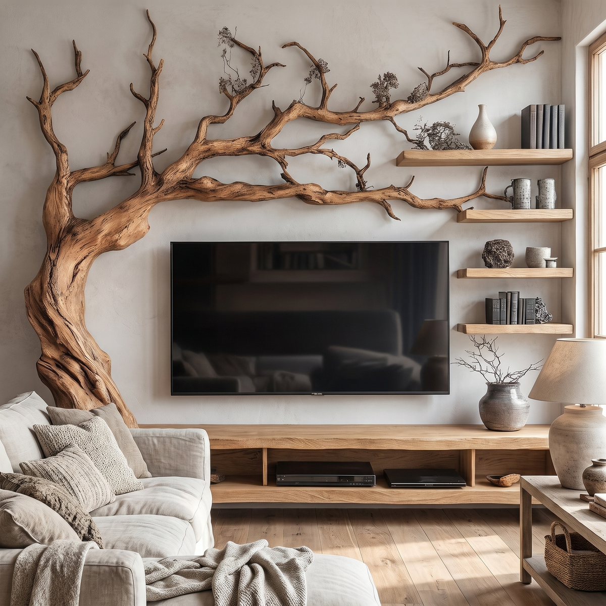 Sylvaris Handcrafted Solid Wood Tree TV Console Natural Oak - Timberustic TV Console with Tree Shelf