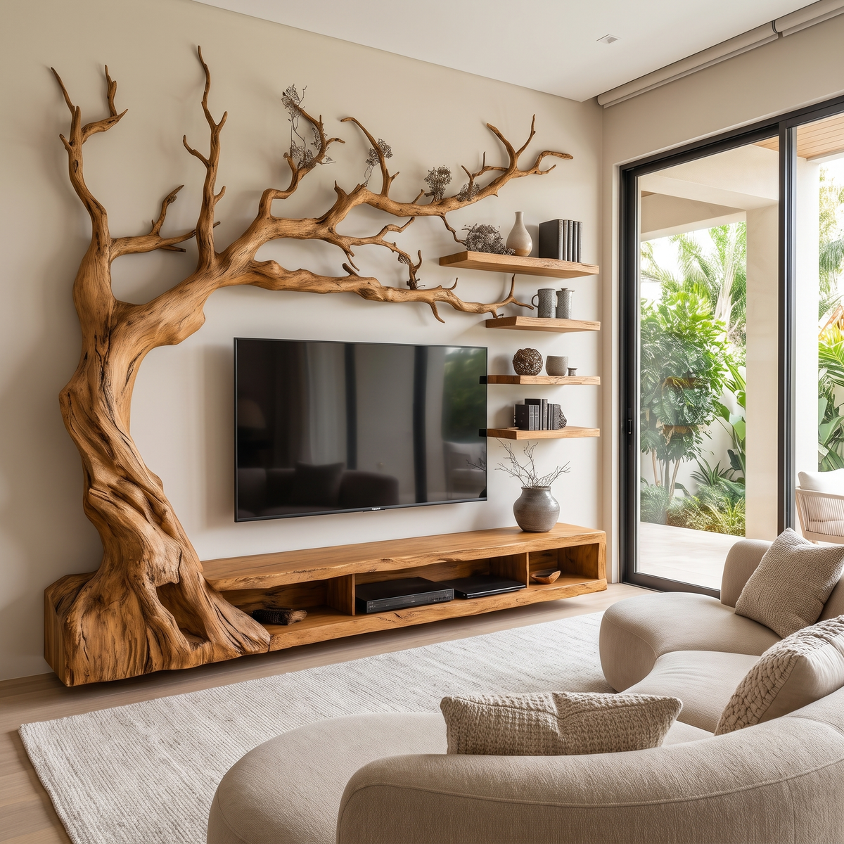 Sylvaris Handcrafted Solid Wood Tree TV Console Teak - Timberustic TV Console with Tree Shelf