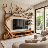Sylvaris Handcrafted Solid Wood Tree TV Console Teak - Timberustic TV Console with Tree Shelf