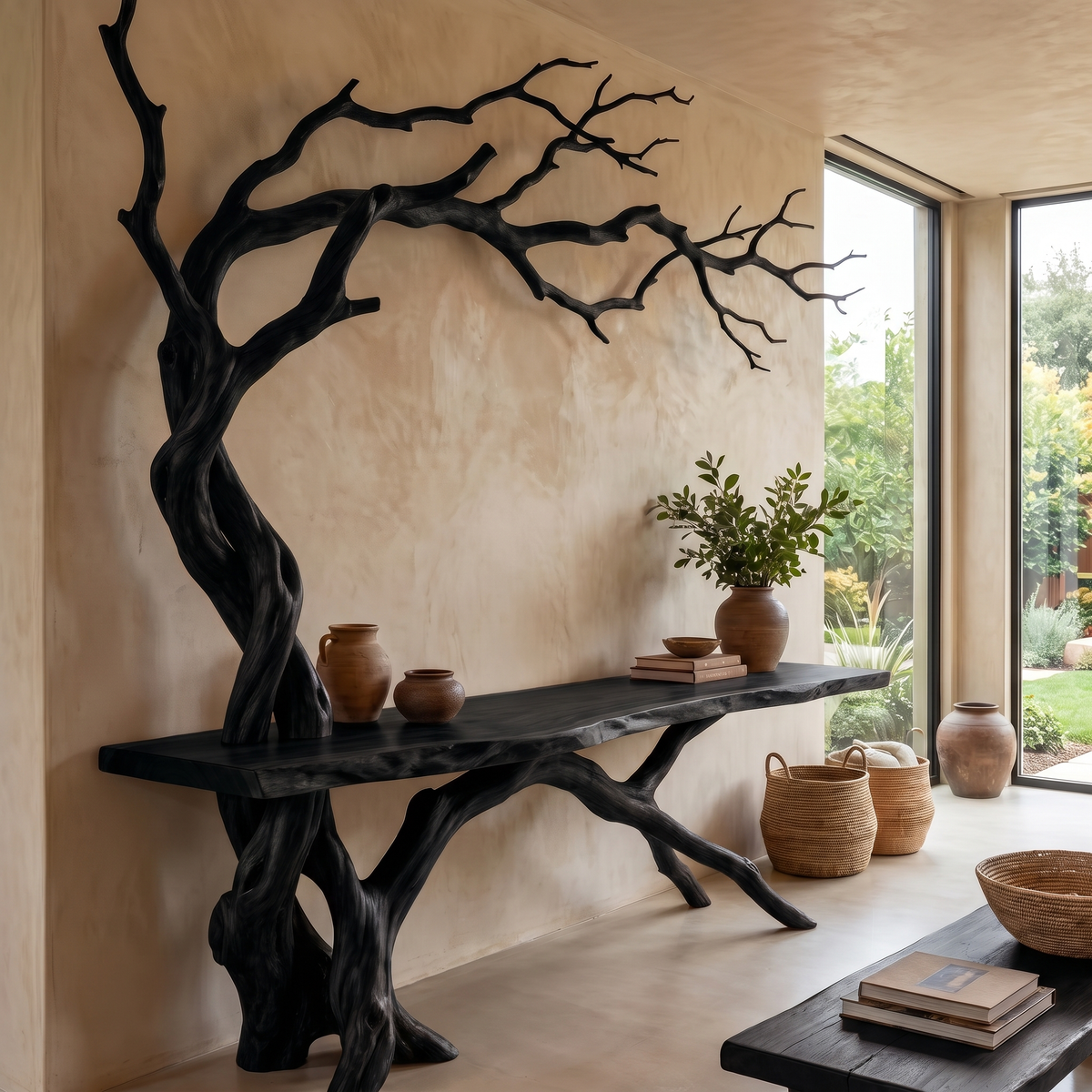 Sylvaroak Sculpted Solid Wood Console Table Black - Timberustic Console Table with Shelves