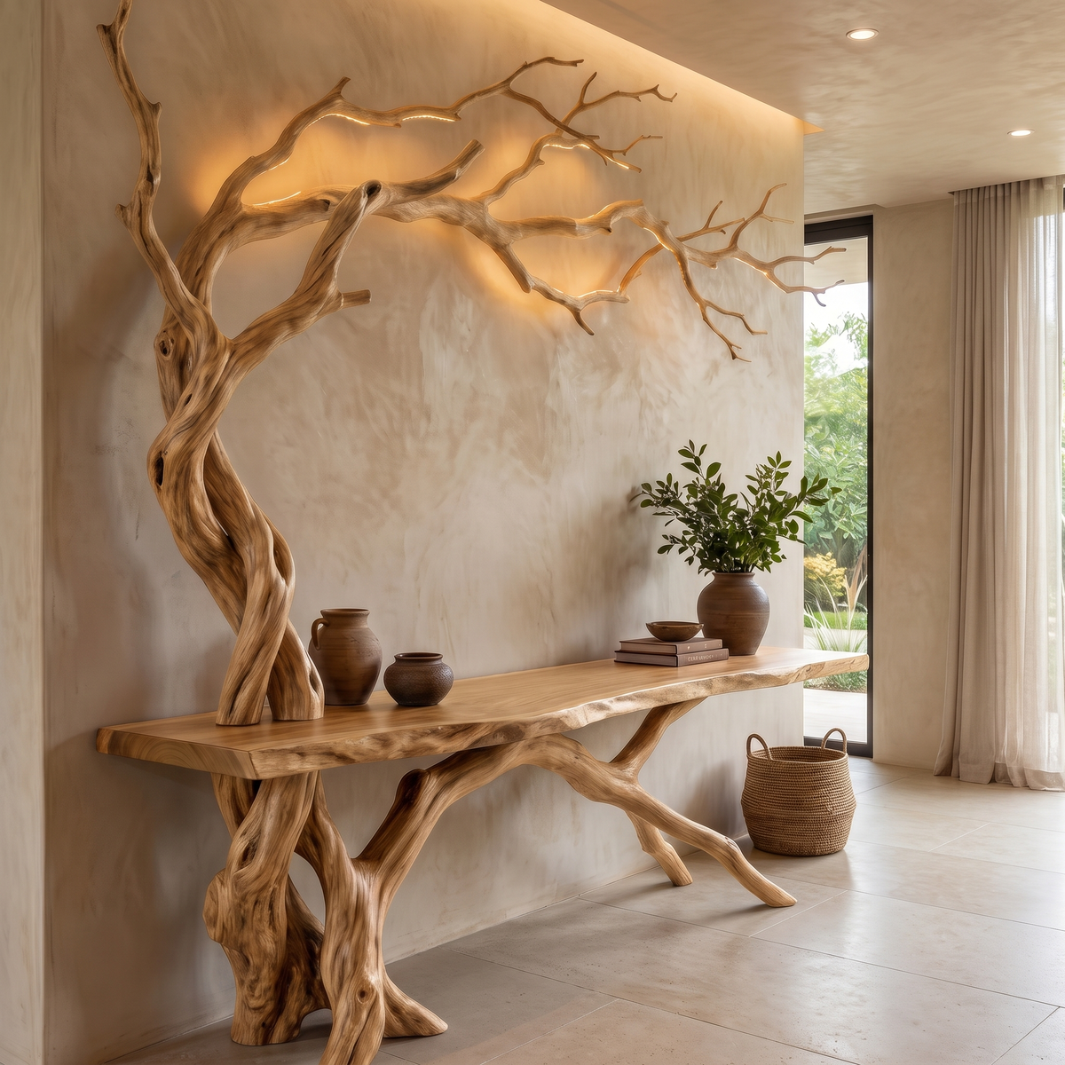 Sylvaroak Sculpted Solid Wood Console Table Natural Oak - Timberustic Console Table with Shelves