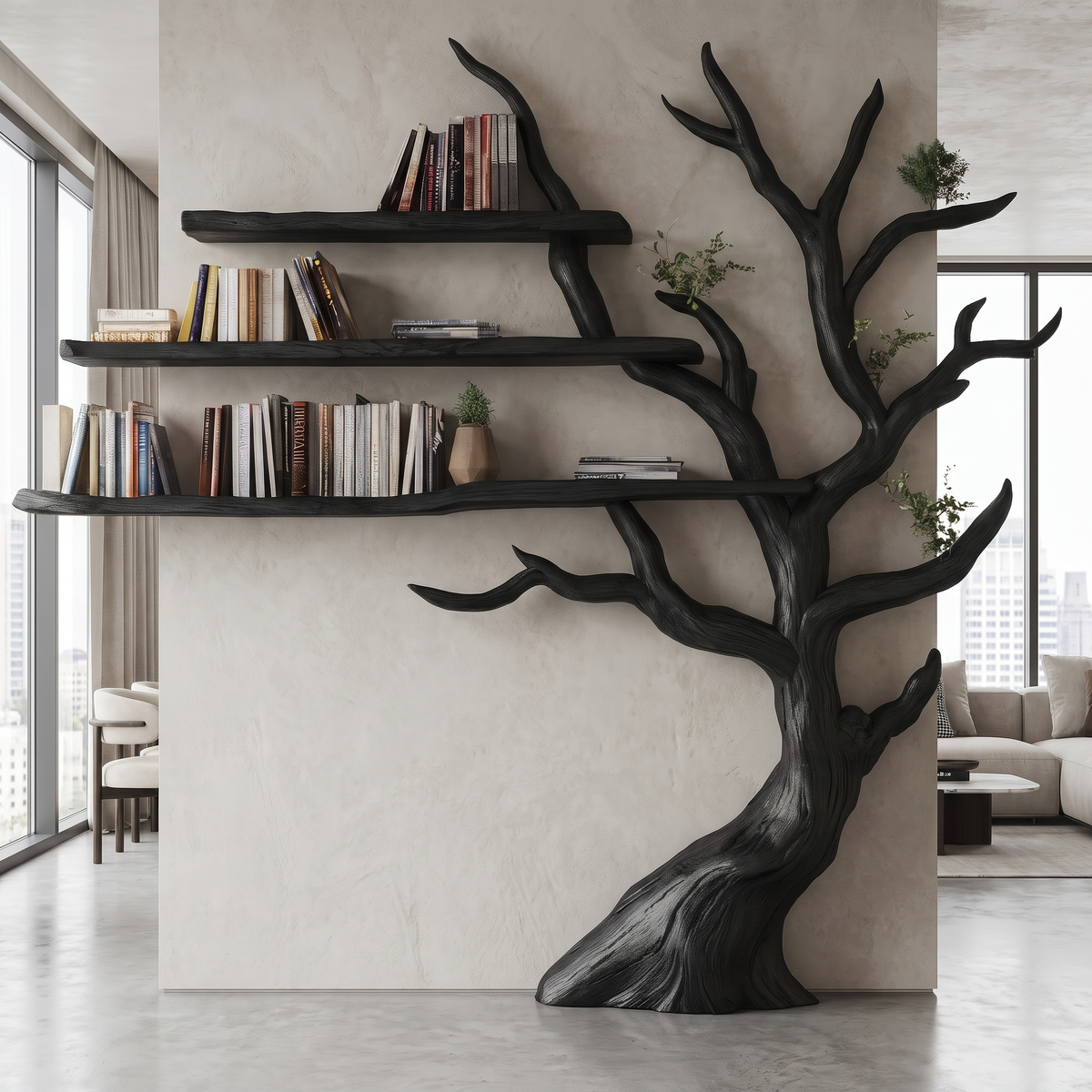 Sylvenoak Live Edge Solid Wood Tree Bookshelf Black - Timberustic Tree Bookshelf