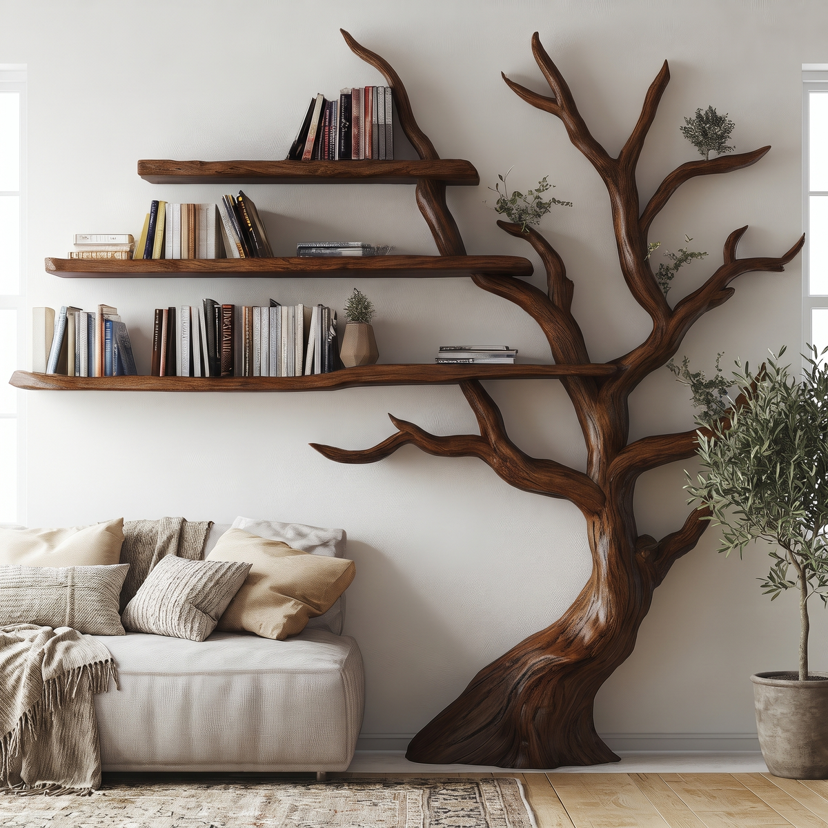 Sylvenoak Live Edge Solid Wood Tree Bookshelf Dark Walnut - Timberustic Tree Bookshelf
