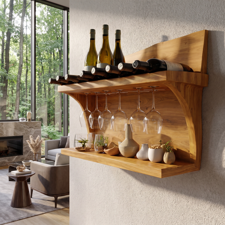 Thaloren Live Edge Handcrafted Floating Wine Shelf SPA215415 Teak - Timberustic Floating Wine Shelf