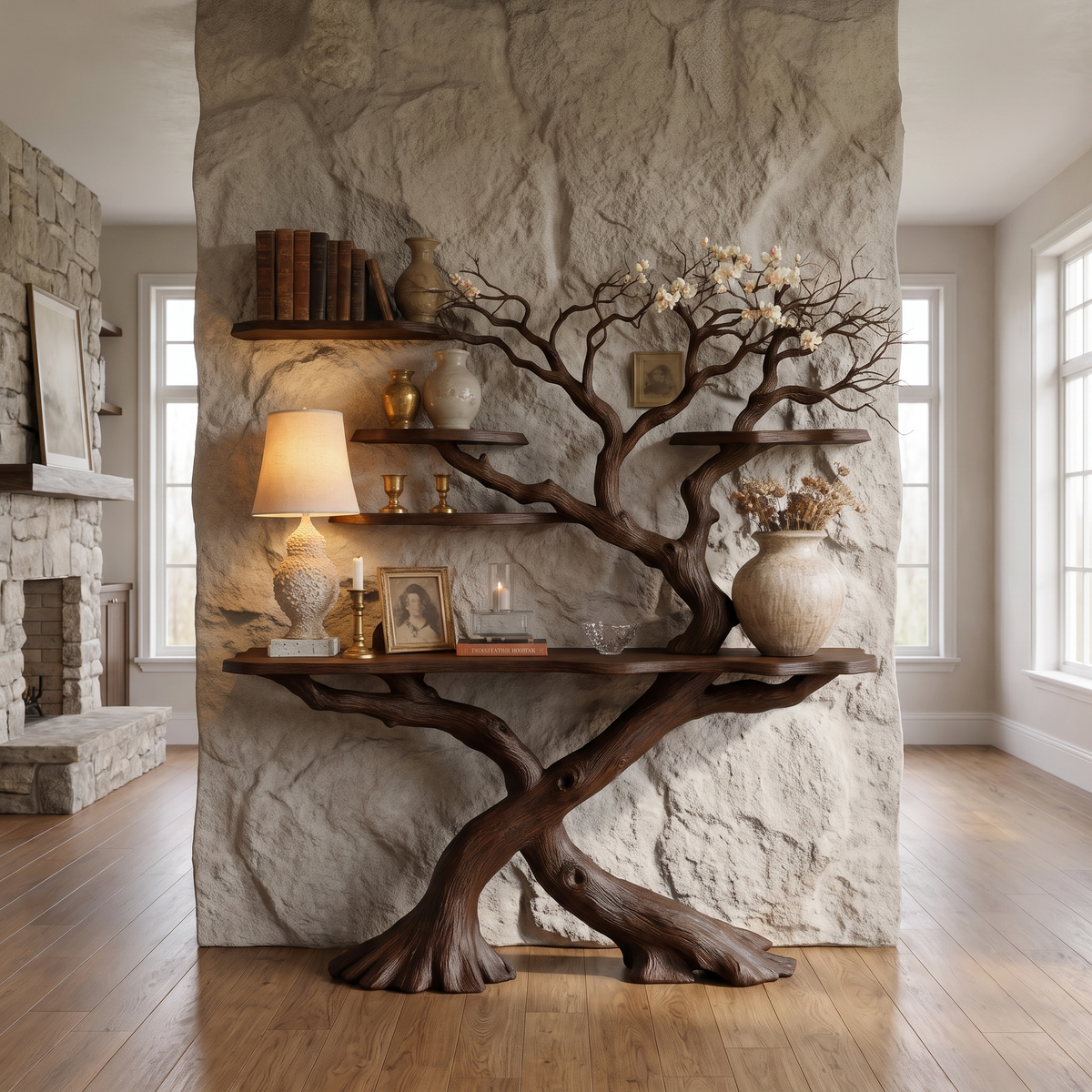 Thaloren Sculpted Solid Wood Console Table with Shelves Dark Walnut - Timberustic Console Table with Shelves