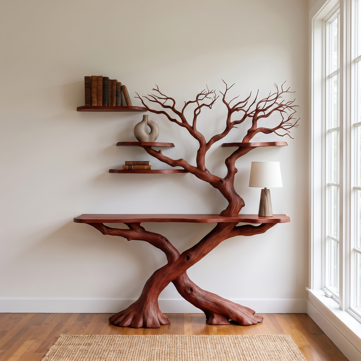 Thaloren Sculpted Solid Wood Console Table with Shelves Mahogany - Timberustic Console Table with Shelves