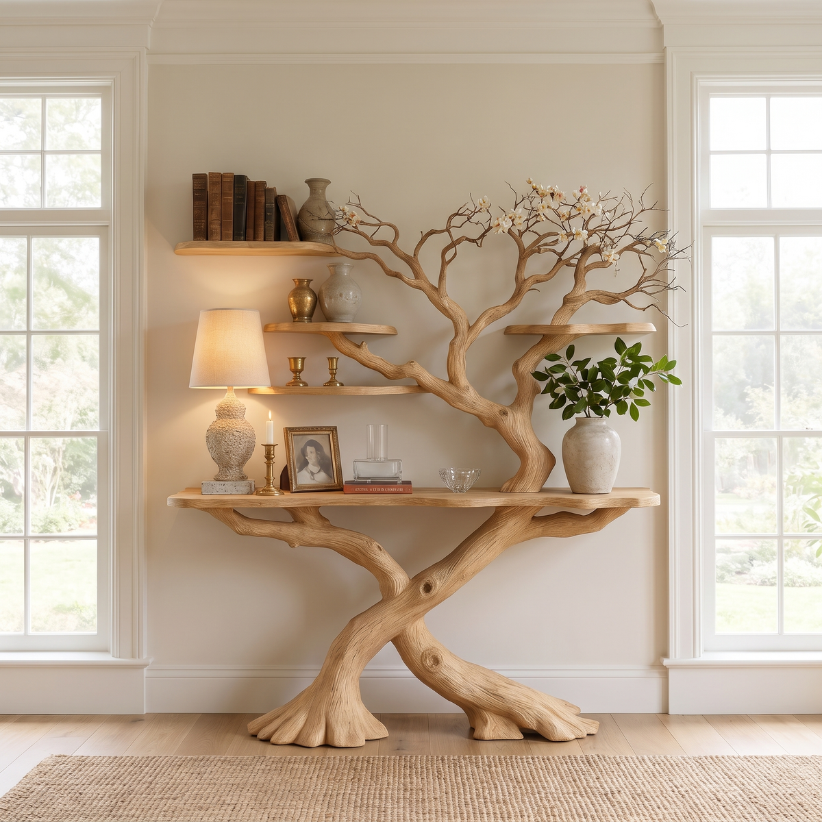 Thaloren Sculpted Solid Wood Console Table with Shelves Natural Oak - Timberustic Console Table with Shelves