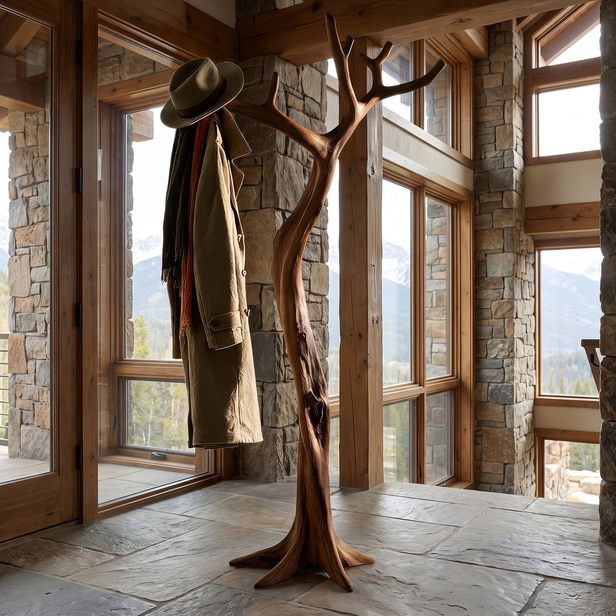 Thalorin Sculpted Solid Wood Tree Coat Rack Dark Walnut - Timberustic Tree Coat Rack