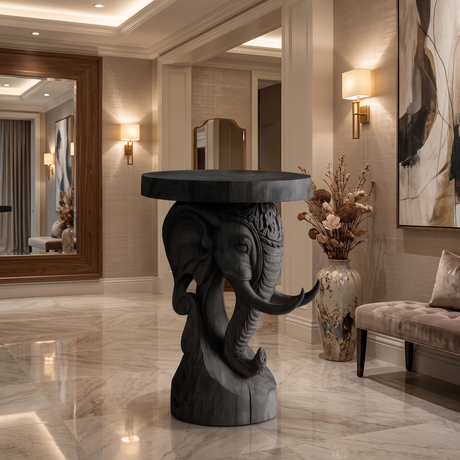 Thalviro Sculpted Solid Wood Pedestal Stand Black - Timberustic Pedestal Stand