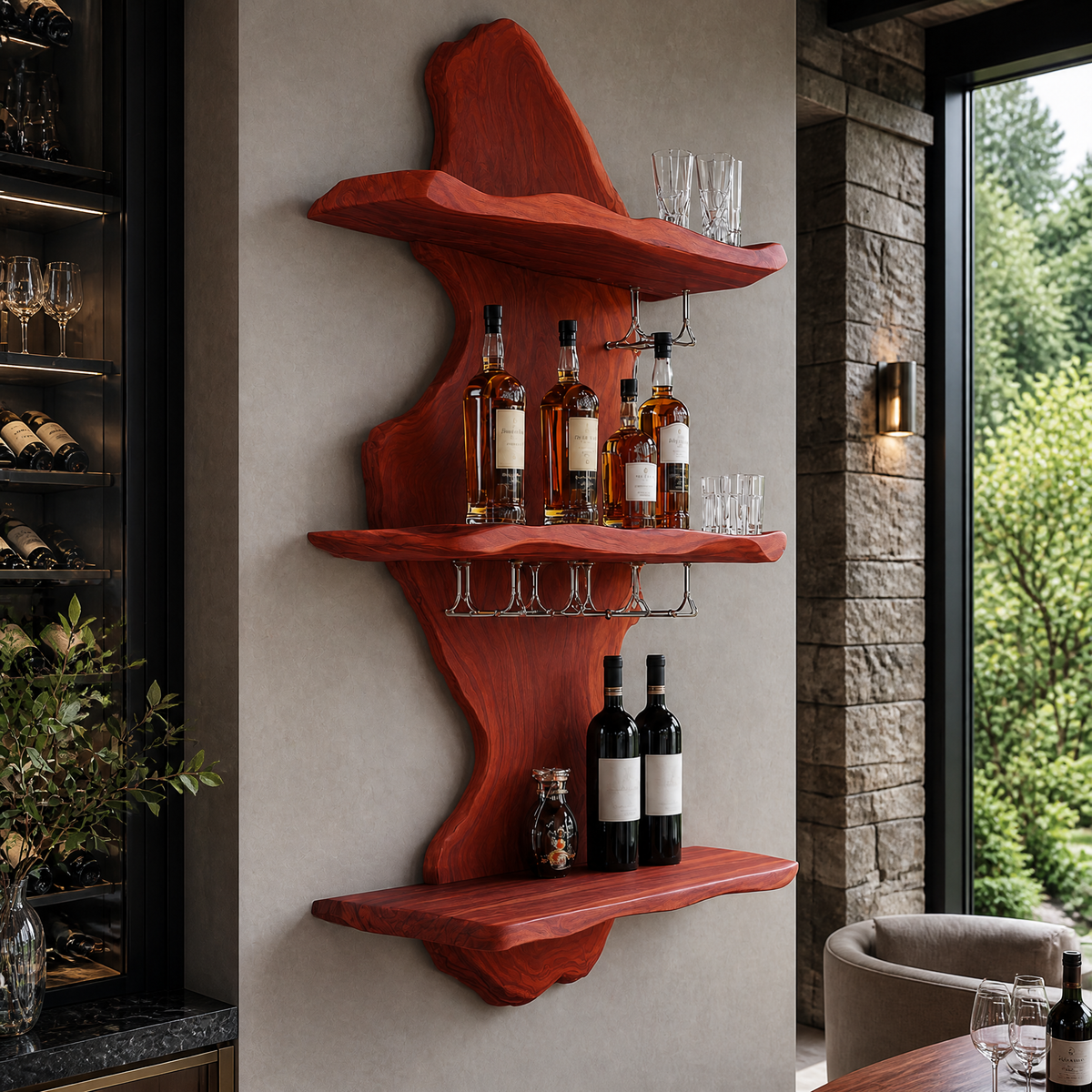 Thalvorn Live Edge Solid Wood Floating Wine Shelf SPA298587 Mahogany - Timberustic Floating Wine Shelf