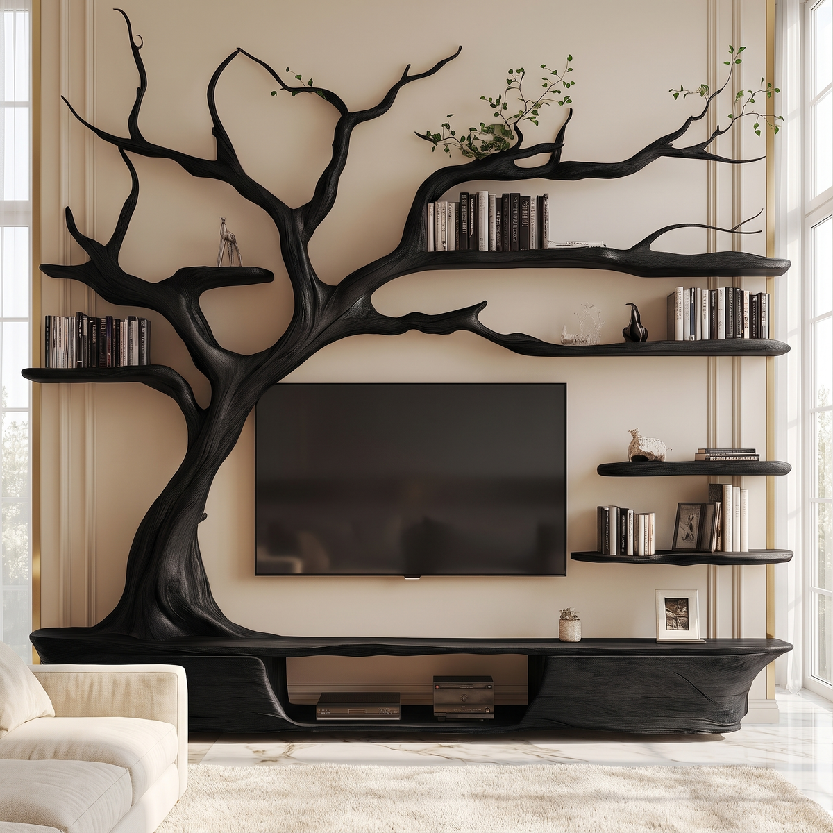 Thornhaven Handcrafted Solid Wood Tree TV Console Black - Timberustic TV Console with Tree Shelf