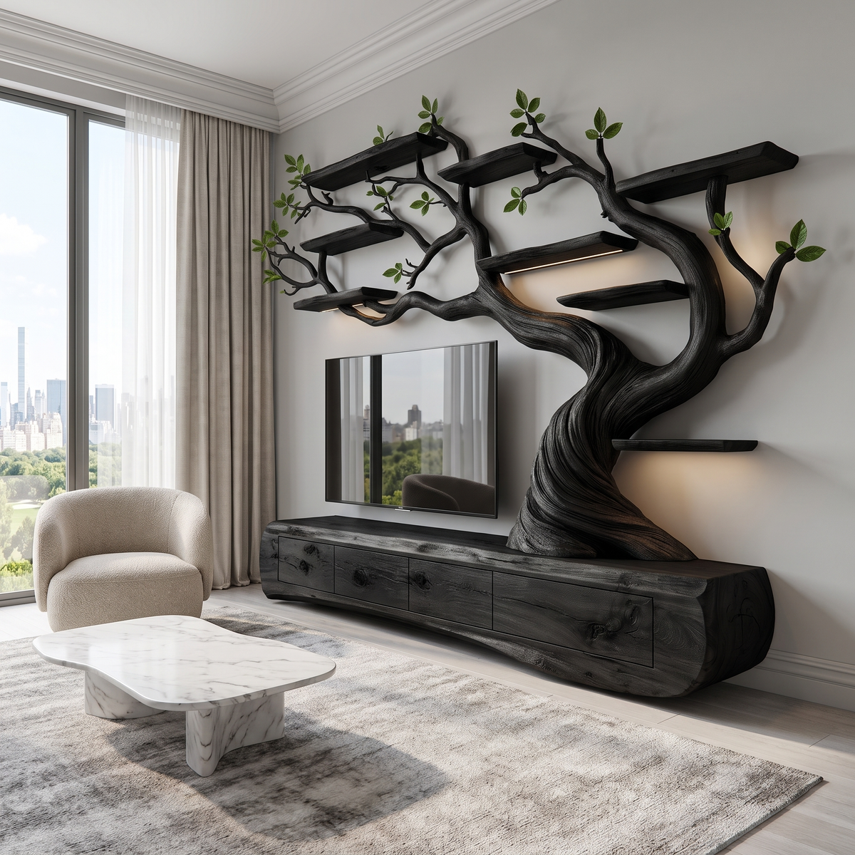 Thornvale Handcrafted Solid Wood Tree TV Console Black - Timberustic TV Console with Tree Shelf