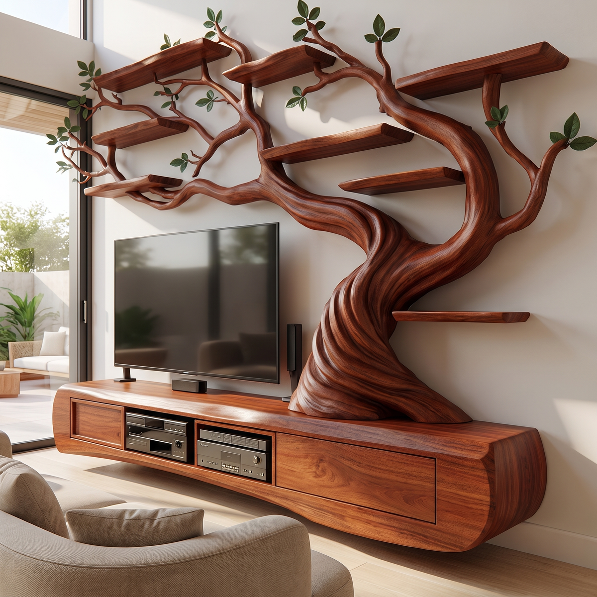 Thornvale Handcrafted Solid Wood Tree TV Console Mahogany - Timberustic TV Console with Tree Shelf