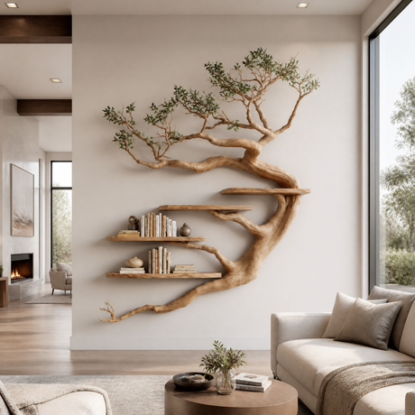 Tidebranch Handcrafted Solid Wood Floating Tree Bookshelf Natural Oak - Timberustic Floating Tree Bookshelf