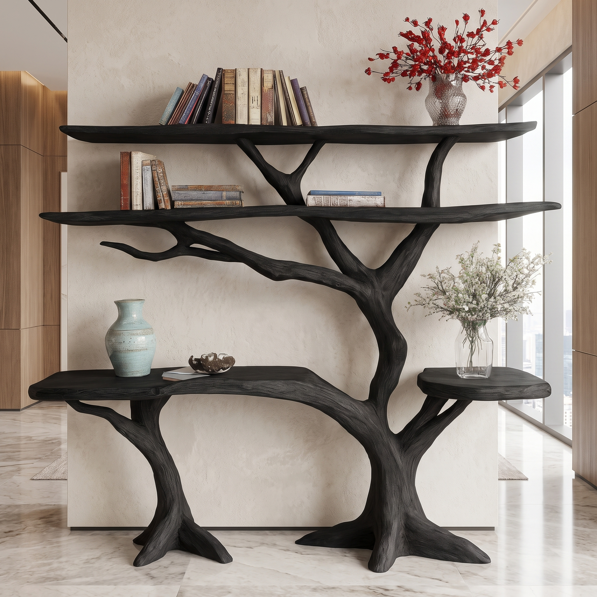 Trevaryn Sculpted Solid Wood Console Table with Shelves Black - Timberustic Console Table with Shelves