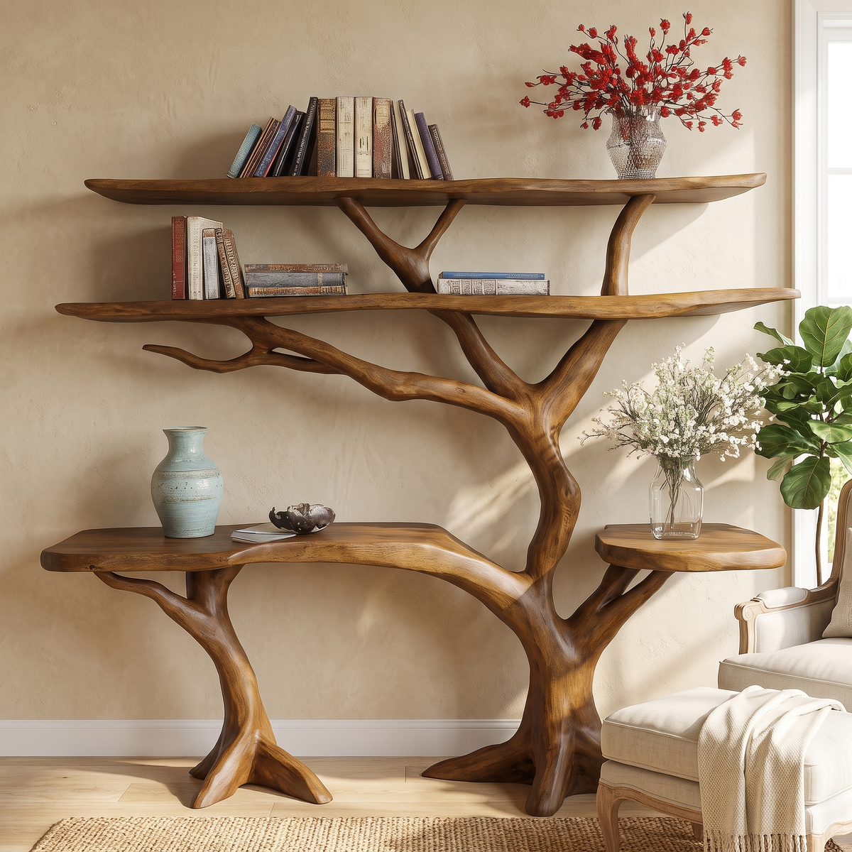 Trevaryn Sculpted Solid Wood Console Table with Shelves Brown - Timberustic Console Table with Shelves