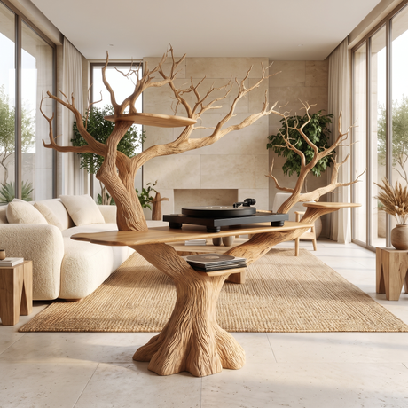 Vaeloran Handcrafted Solid Wood Tree Record Player Stand SPA321584 Natural Oak - Timberustic Record Player Stand With Storage