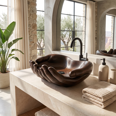 Vaelorin Handcrafted Solid Wood Hands-Shaped Vessel Sink Dark Walnut - Timberustic Vessel Sinks