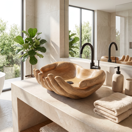 Vaelorin Handcrafted Solid Wood Hands-Shaped Vessel Sink Natural Oak - Timberustic Vessel Sinks