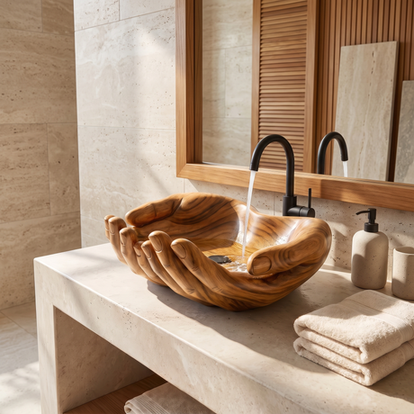 Vaelorin Handcrafted Solid Wood Hands-Shaped Vessel Sink Teak - Timberustic Vessel Sinks