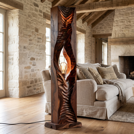 Vaelric Sculpted Solid Wood Floor Lamp Dark Walnut - Timberustic Floor Lamp