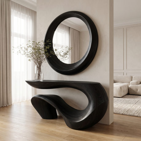 Vaelrith Sculpted Solid Wood Console Table — Black