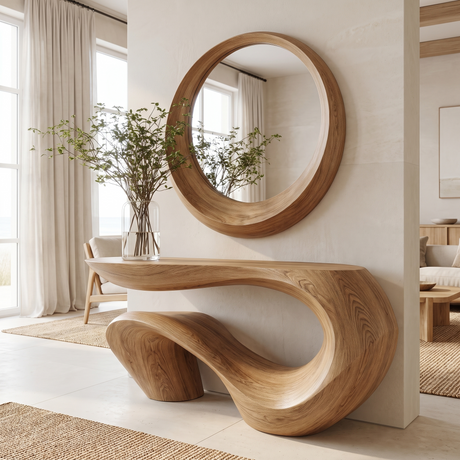 Vaelrith Sculpted Solid Wood Console Table — Natural Oak