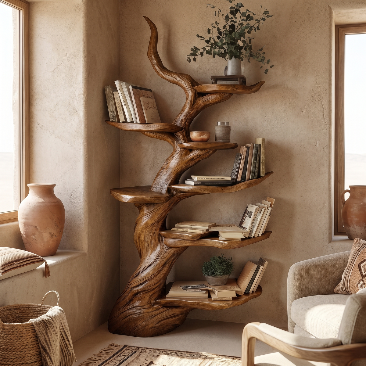 Vaelrune Sculpted Solid Wood Tree Bookshelf Brown - Timberustic Tree Bookshelf