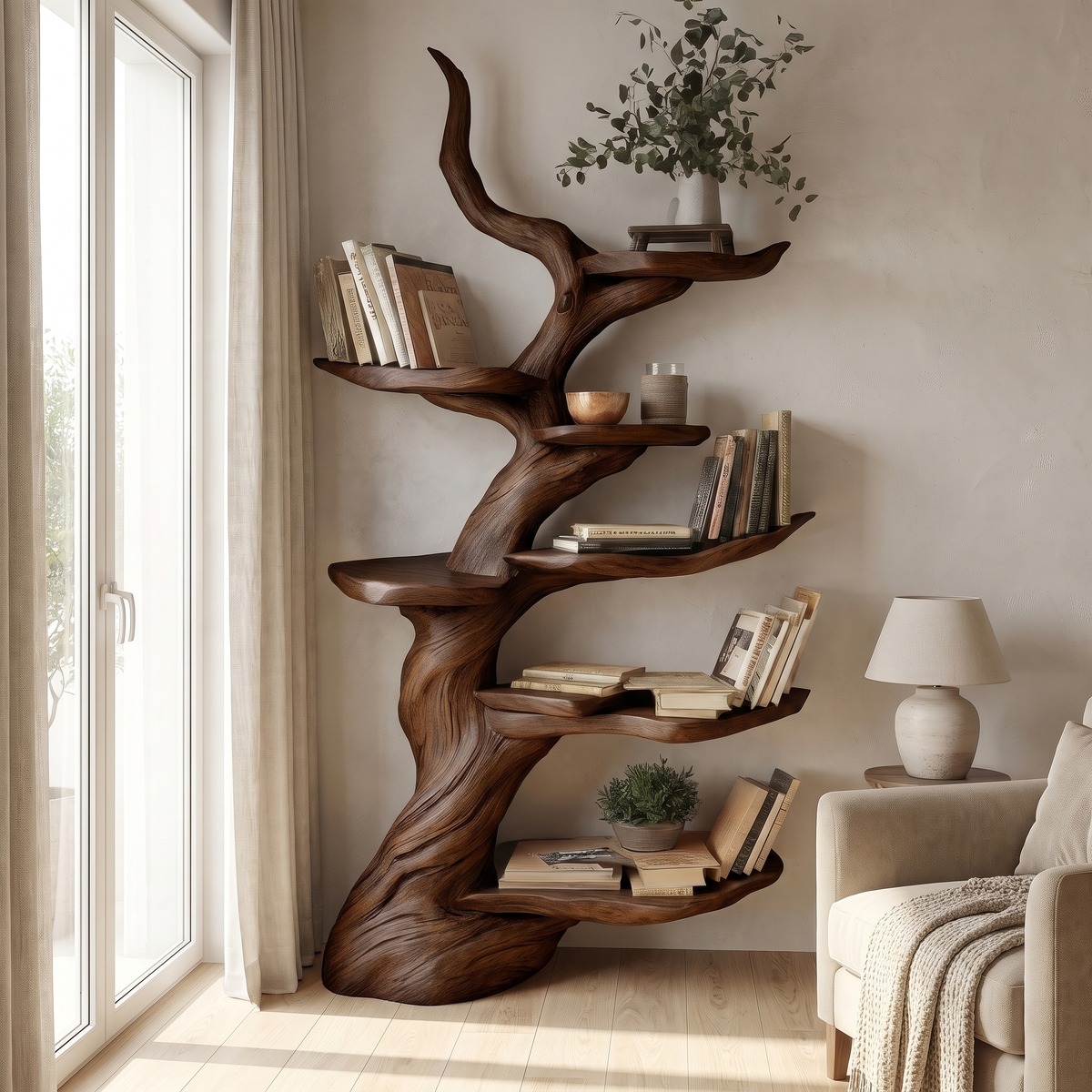 Vaelrune Sculpted Solid Wood Tree Bookshelf Dark Walnut - Timberustic Tree Bookshelf