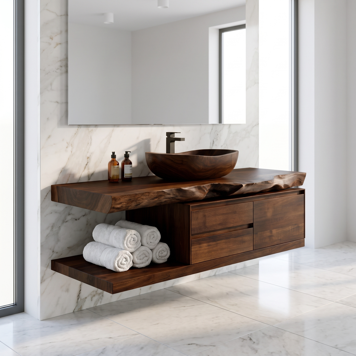 Vaelthorn Live Edge Solid Wood Floating Bathroom Vanity With Drawers Dark Walnut - Timberustic Floating Bathroom Vanity With Drawers