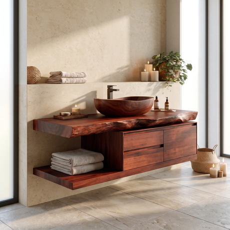 Vaelthorn Live Edge Solid Wood Floating Bathroom Vanity With Drawers Mahogany - Timberustic Floating Bathroom Vanity With Drawers