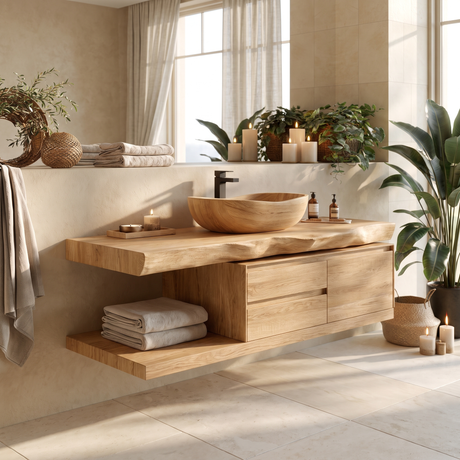 Vaelthorn Live Edge Solid Wood Floating Bathroom Vanity With Drawers Natural Oak - Timberustic Floating Bathroom Vanity With Drawers